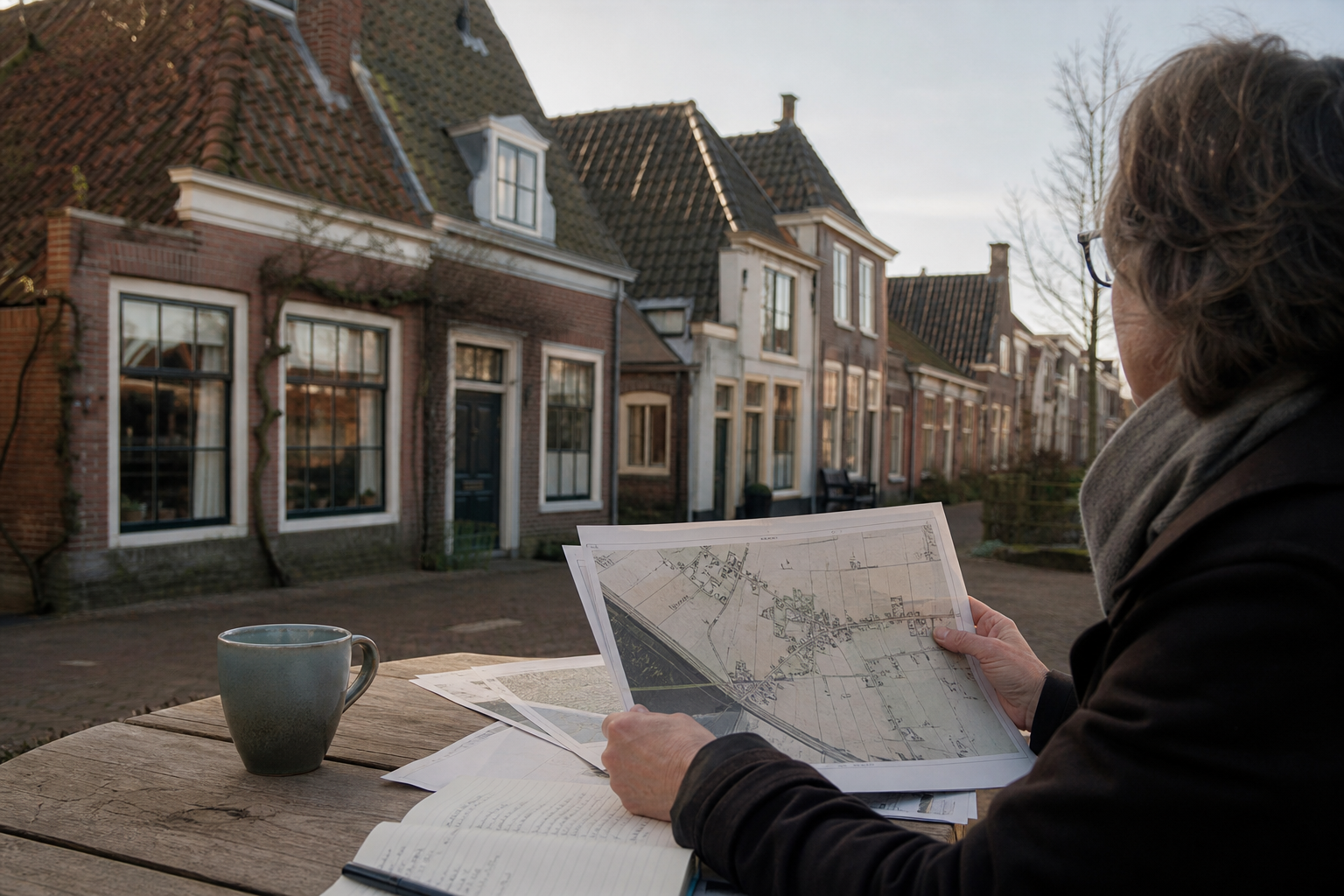 Oude Nederlandse woning met historische kaarten en een notitieboek op tafel