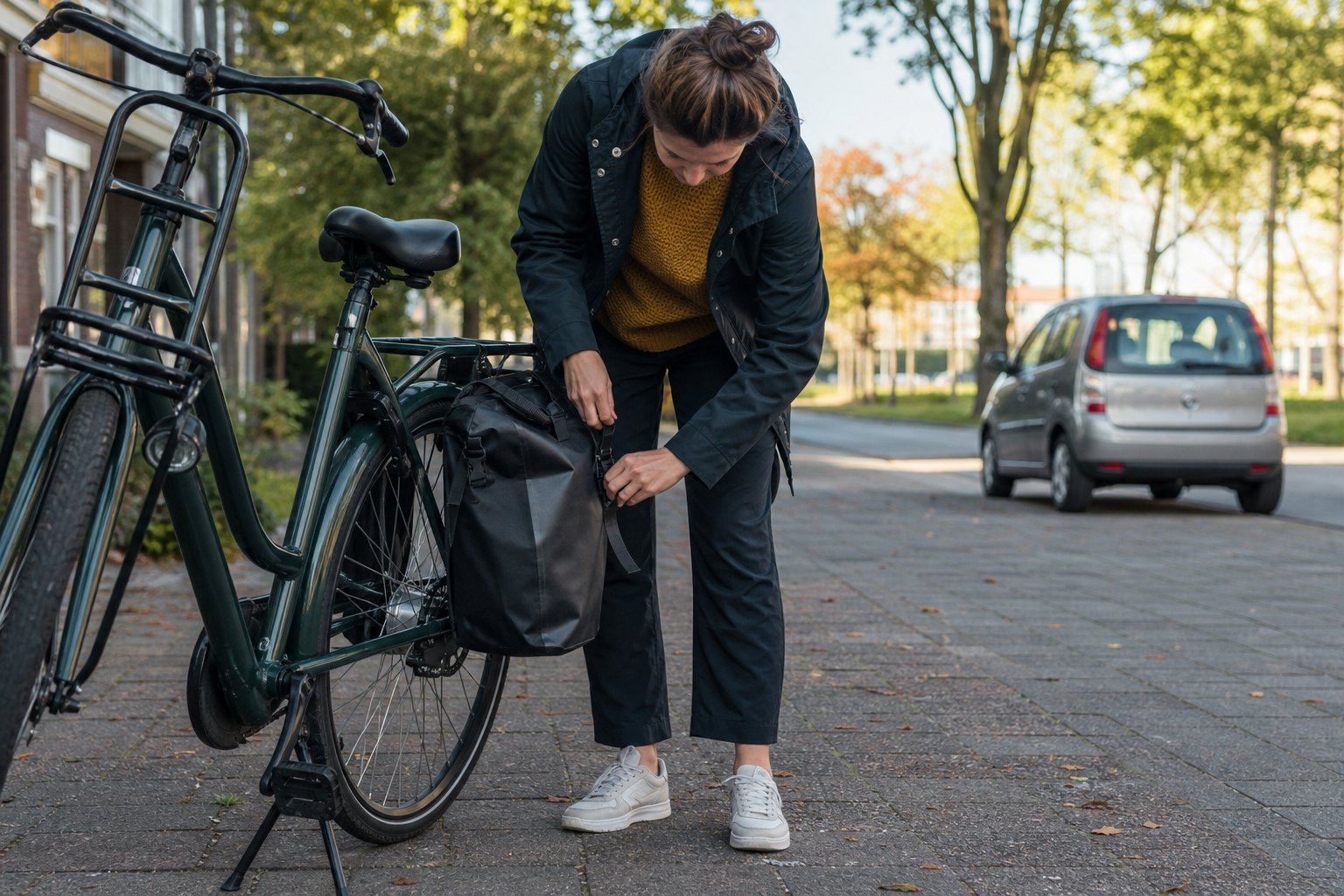 Fietser maakt een fietstas vast met een geparkeerde auto op de achtergrond